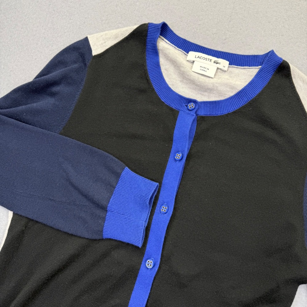 Lacoste Womens Colorblock Cotton Cardigan Sweater Black Blue Grey AF8005 Size 34